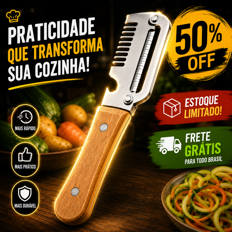 Descascador Premium 3 em 1 em Aço Inoxidável com Cabo de Madeira | Frete GRÁTIS + 50% OFF