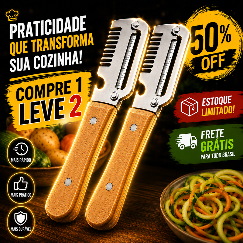 COMPRE 1 LEVE 2 |Descascador Premium 3 em 1 em Aço Inoxidável com Cabo de Madeira | Frete GRÁTIS + 50% OFF